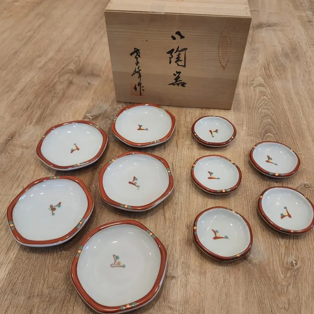 Arita Ware Riho Design Dishes Ceramic Condiment Sauce Sides w/ Wooden Box
